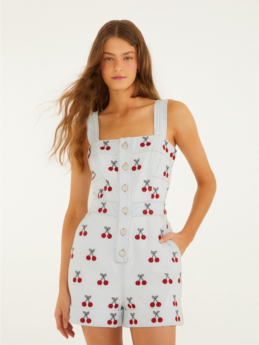 FARM RIO Embroidered Cherry Denim Romper